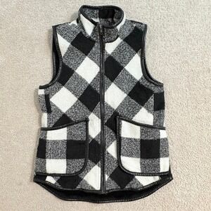BKE Buffalo Plaid Fleece Women's Vest Faux Leather Trim‎ Pockets Black White S